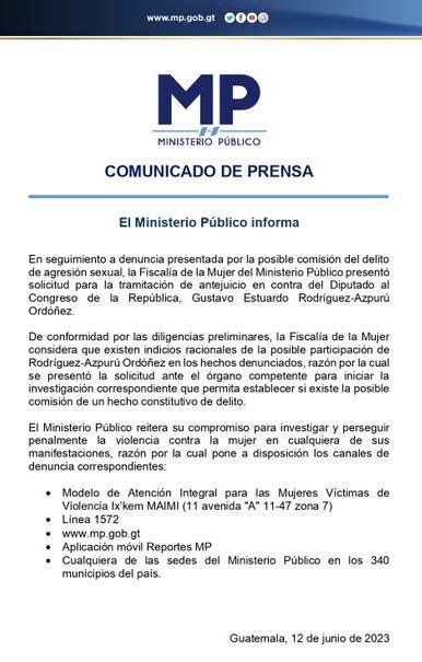 DE DIPUTADO CERCANO A MULET ACUSADO DE AGRESIÓN SEXUAL, MP PIDE RETIRO DE INMUNIDAD

Eduardo Rodríguez Azpuru, actual Diputado y miembro del equipo de campaña de Edmond Mulet enfrentará acusación de agresión sexual debido a que el MP ha solicitado el retiro de su inmunidad