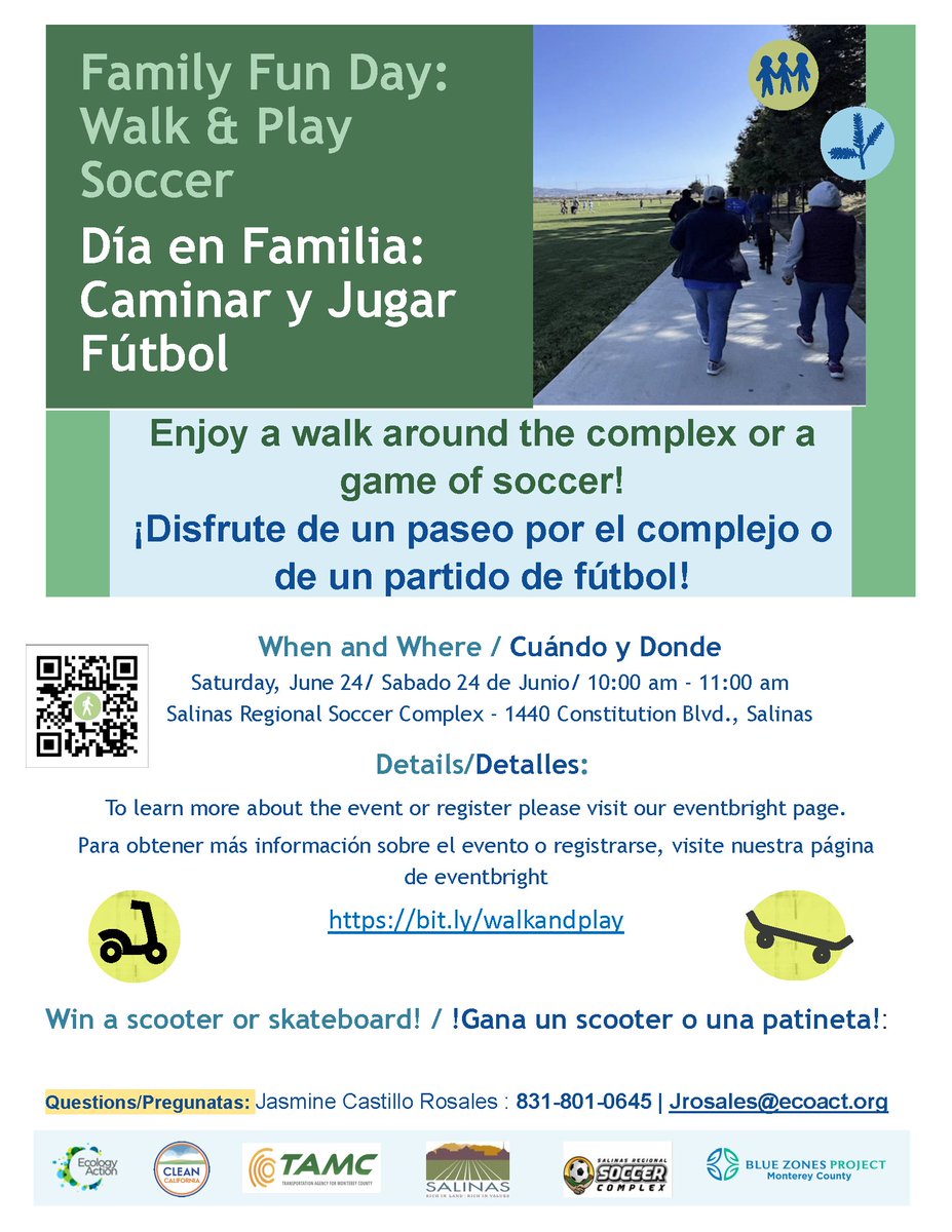 Join Blue Zones Project, Ecology Action and the Salinas Regional Sports Authority for a Family Fun Day at the Soccer Complex! 😃Enjoy a walk around the complex or a game of soccer. ⚽️👟 🗓️Saturday, June 24 @ 10AM 📍Salinas Soccer Complex Register here: bit.ly/walkandplay