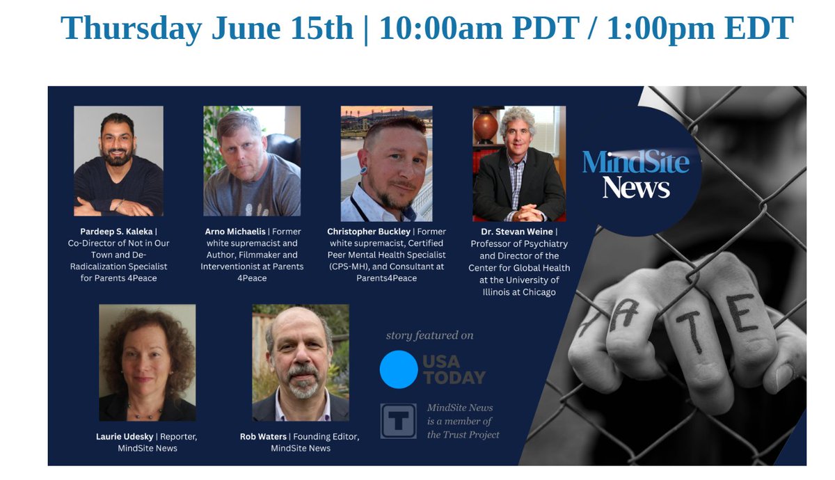 Register for 'Breaking Away From Hate,' a panel discussion I'm hosting with @mindsitenews on June 15th at 10 am Pacific/1pm Eastern, which will explore how a movement of former violent extremists is helping others exit from hate: mindsitenews.org/2023/05/24/bre…
