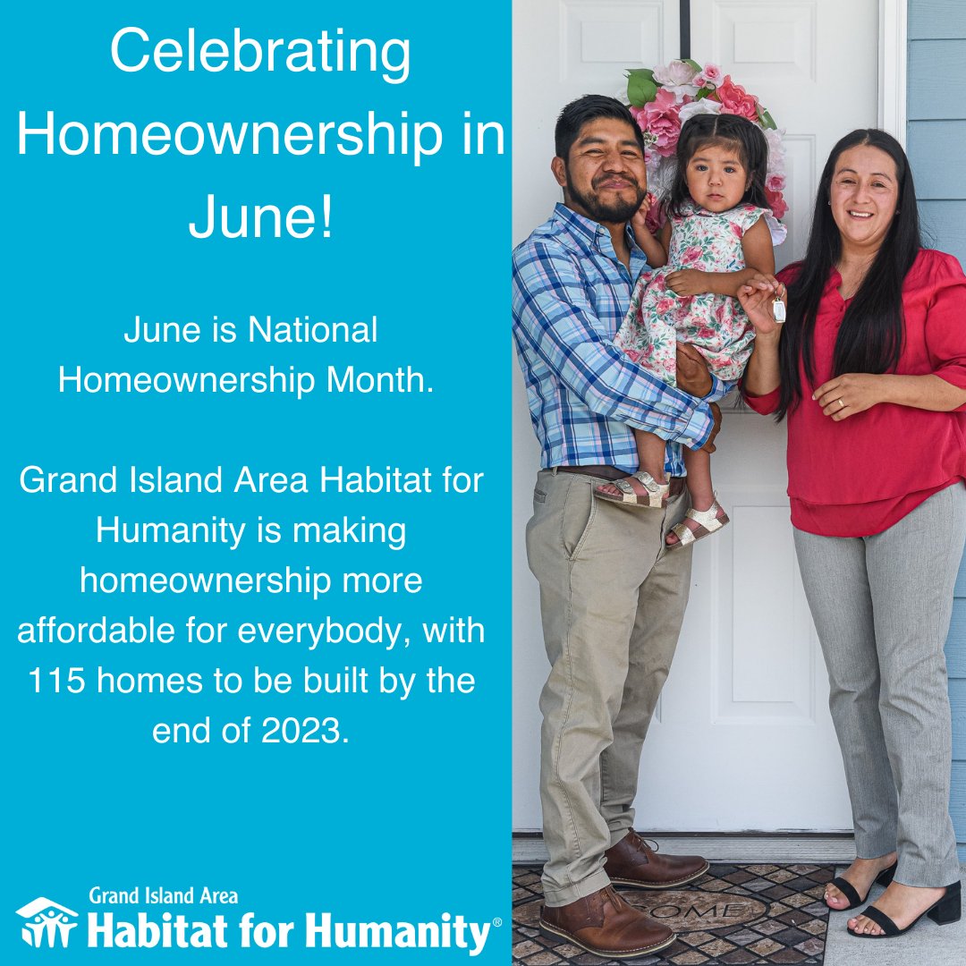June is #NationalHomeownershipMonth! By 2023, we'll build 115 homes, striving to make homeownership affordable for all. #AffordableHousing #GrandIslandHabitat #HomeownershipDreams