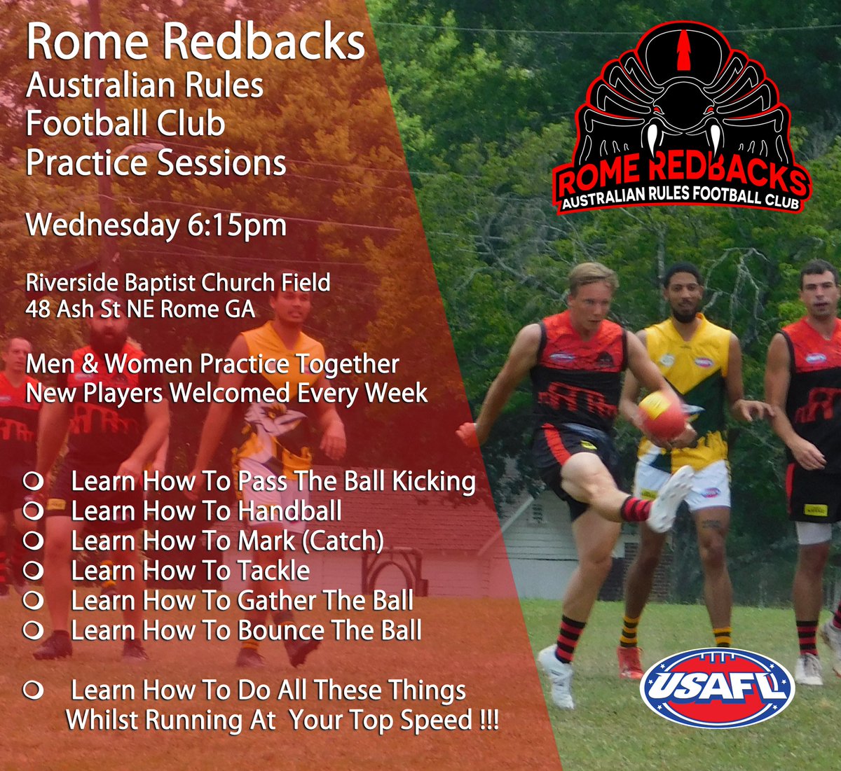 RomeRedbacks's tweet image. Come join in the fun, it might be the greatest sport you will ever play, right here in Rome GA, and also the best decision you ever made. We're not kidding mate ! 😎

#romega #romegeorgia #afl #aflw #aussierules
