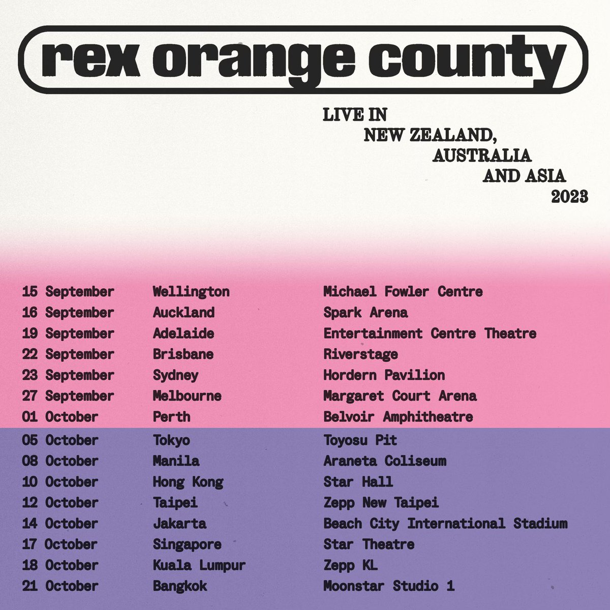 NEW ZEALAND, AUSTRALIA & ASIA this has been a long time coming , i am SO excited to be announcing these shows and playing some of these cities for the first time. tickets go on sale this week - for more information go to rexorangecounty.com/live see u there ! thank u !