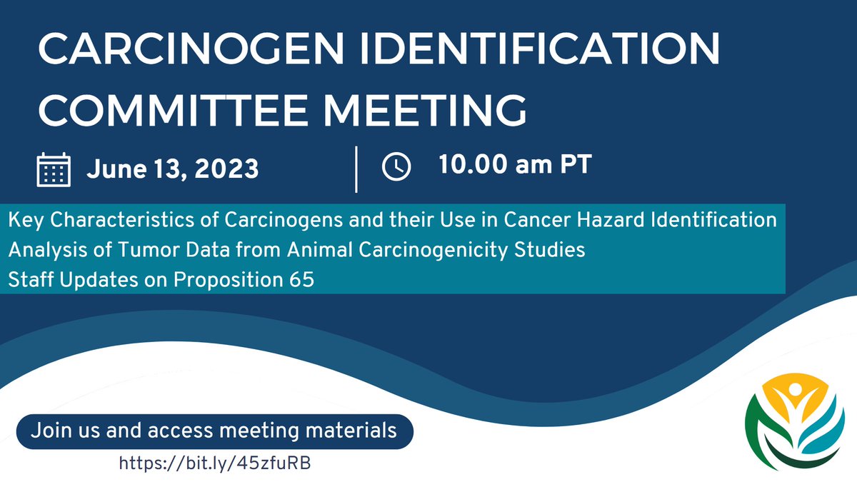 OEHHA's tweet photo. Join us Tues 6/13 @ 10am for the #Proposition65 #CarcinogenIdentification Committee mtg. #Prop65
Featuring:
☑️ Key Characteristics of Carcinogens &amp; Their Use in #CancerHazard ID
☑️ Analysis of Tumor Data from Animal Carcinogenicity Studies
➡️Full details https://t.co/RLJkhPu3fK https://t.co/xmb2DFudeZ