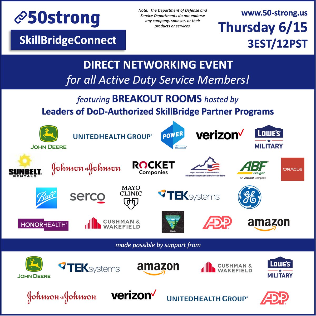 Active Duty + looking for SkillBridge pathways?!  Join us at @50strongUS SkillBridgeConnect!

Leading employers have pathways to support your transition. 

RSVP: 50-strong.is/upcoming-events