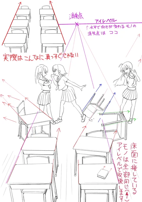 「ずれた机ってどうかくのかな?」

ってフォロワーさんと話しをしてたので、朝練として、教室の一コマを描いてみました。

同じパースの空間でパースの面に接しているモノは同じアイレベル上に消失点ができます。

図解って難しい!作業時間約3時間です。
#背景美塾 