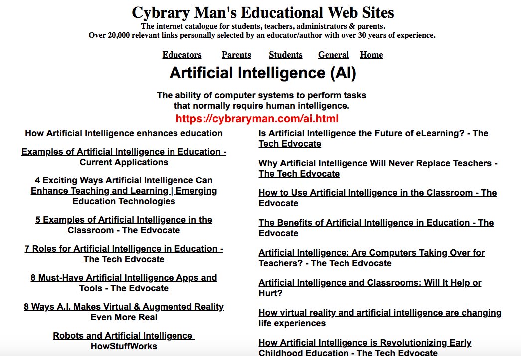 Jerry Blumengarten (@cybraryman1) on Twitter photo AI - Artificial Intelligence page cybraryman.com/ai.html page What Educators Think About Using AI in Schools edweek.org/technology/wha… <a href="/educationweek/">Education Week</a> #edtechchat AI - Artificial Intelligence page cybraryman.com/ai.html page What Educators Think About Using AI in Schools edweek.org/technology/wha… <a href="/educationweek/">Education Week</a> #edtechchat