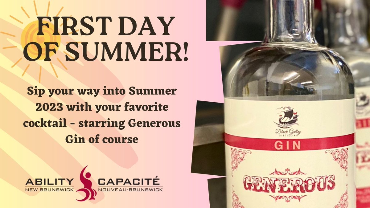 AbilityNB's tweet photo. Summer is here!!🌞Stop in to @BlackGalley and kick off your summer by purchasing a bottle of Generous Gin! 100% of 100 bottles go to @AbilityNB!Click here to ship to your home https://t.co/2wwz5fXSak #GenerousGin #Partnership #Community https://t.co/or7MSLnHhK