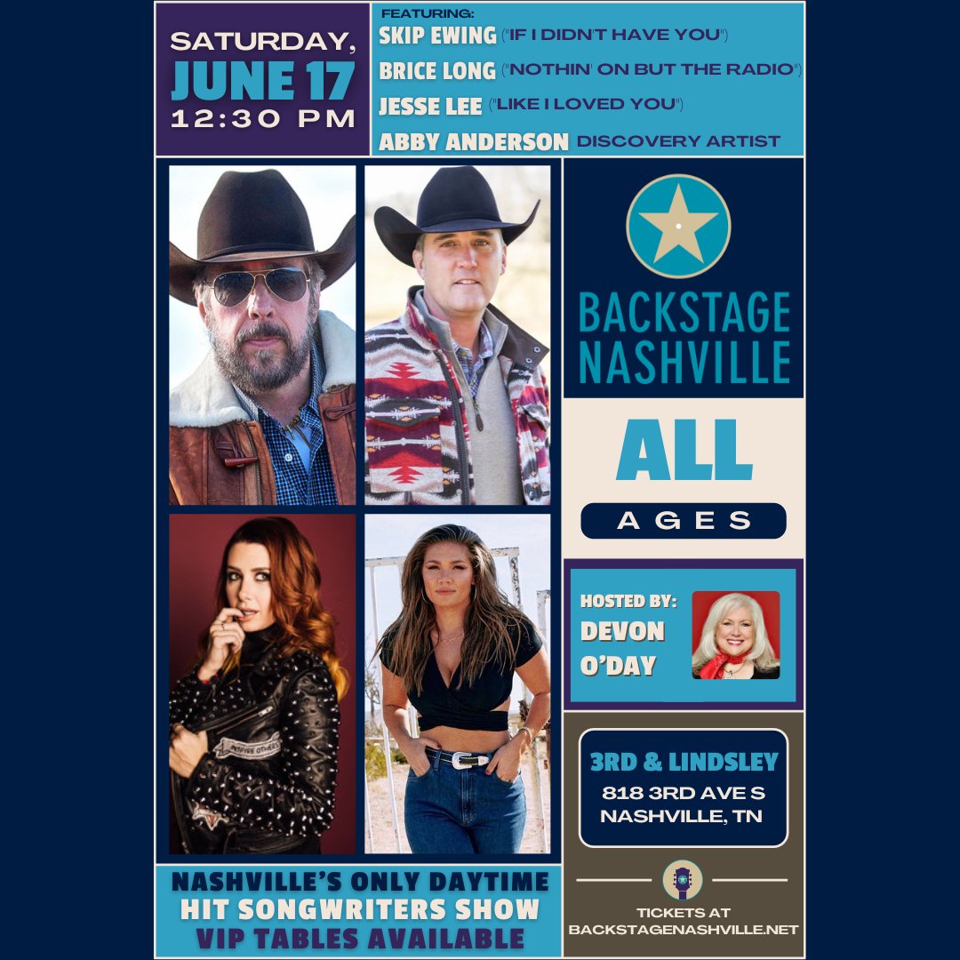 BackstageNash's tweet photo. Hear country music's top songwriters performing their biggest hits at #BackstageNashville at @3rdAndLindsley. This Saturday we feature @SkipEwing (#IfIDidntHaveYou), @BriceLongSongs (#NothinOnButTheRadio), #JesseLee (#PeterPan) & @abbya_music🎟️: https://t.co/ouB3Q3D1PP https://t.co/cGMPsnuEy2