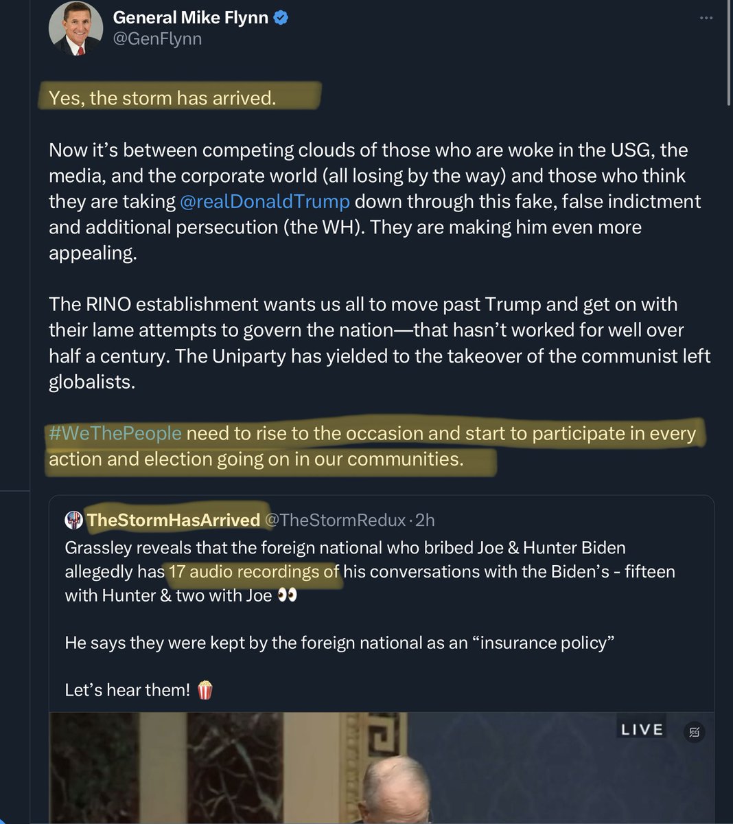🚨🚨
Mike Flynn has invoked the “end times” phrase that started QAnon — “the calm before the storm” and declares, to a long time QAnon account that “the storm has arrived.” 

This is rocket fuel to his cult. He’s desperate.
@DHSgov @FBIMiamiFL @FBIWFO @DOJCrimDiv @SecDef @SecArmy