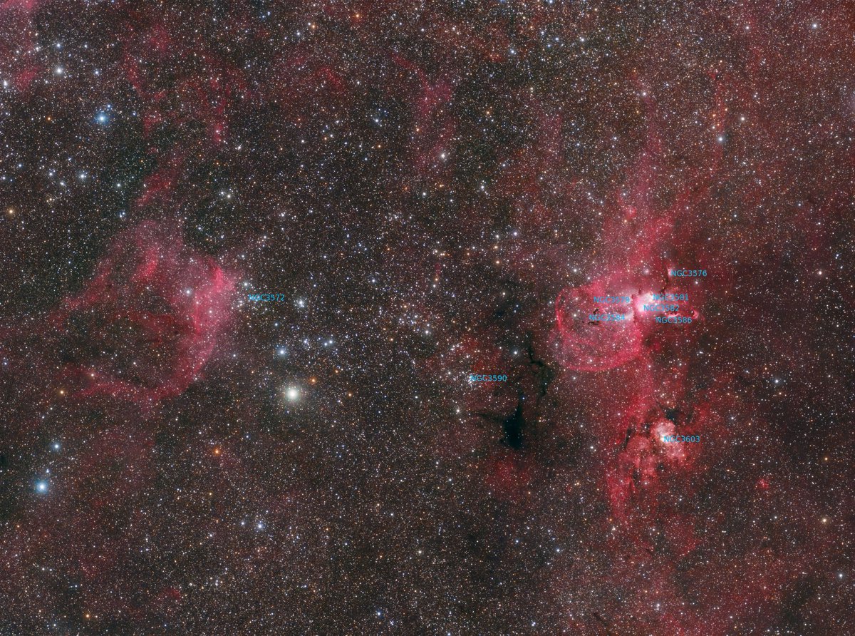 BenSKlerk1's tweet photo. #NGC3576 is a bright emission #nebula in the #Sagittarius arm of the galaxy. It is also approximately 100 light years across and 6000 to 9000 light-years away from Earth.
Camera: Zwo 1600mm Filters:
#Astronmik LRGB HA and OIII 6nm
Mount: #10micron GM3000
Total time 8.8 hrs https://t.co/2XEHP3Ji9M