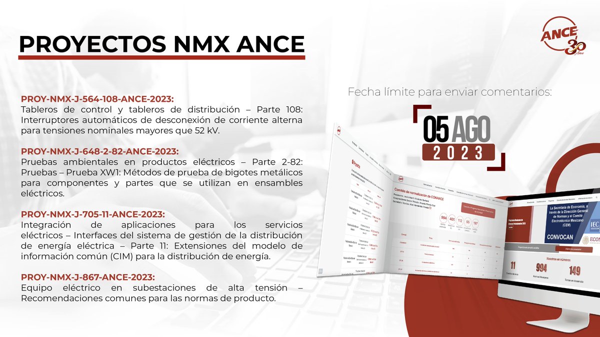 ANCE_MX's tweet photo. 𝐂𝐨𝐥𝐚𝐛𝐨𝐫𝐚 𝐞𝐧 𝐥𝐚 𝐍𝐨𝐫𝐦𝐚𝐭𝐢𝐯𝐢𝐝𝐚𝐝 𝐝𝐞𝐥 𝐒𝐞𝐜𝐭𝐨𝐫 𝐄𝐥𝐞́𝐜𝐭𝐫𝐢𝐜𝐨
Adquiere los Proyectos de Normas Mexicanas y participa en la creación de Regulaciones y Estándares relevantes con ANCE
https://t.co/MiSaH7NBtr https://t.co/uIuytWh7hM