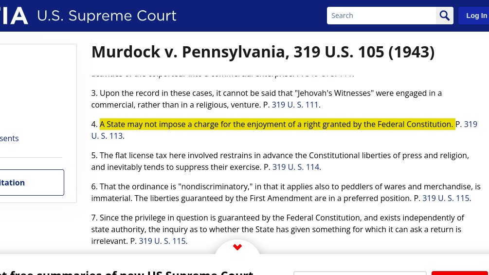 @joschein @JenRobertsNC @VoteRiders @LWVNCarolina Incorrect.

'A State may not impose a charge for the enjoyment of a right granted by the Federal Constitution.'   

- source:  Murdock v. Pennsylvania, 319 U.S. 105 (1943)
supreme.justia.com/cases/federal/…