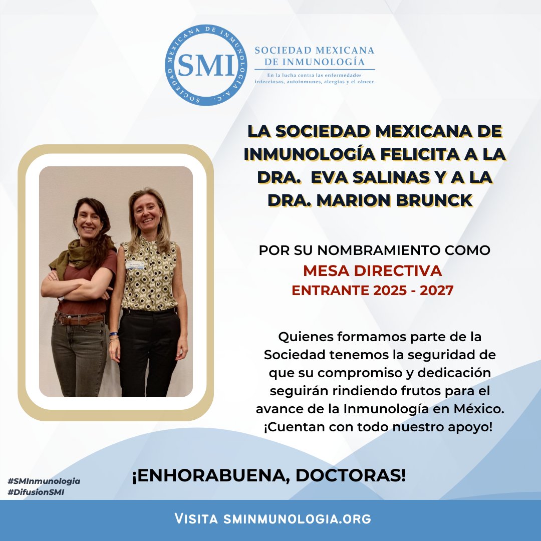¡Novedades en la #SMI! La Dra. Eva Salinas y la Dra. @MarionBrunck son ahora Vicepresidenta y Prosecretaria, respectivamente.

Conoce más de su increíble trayectoria en nuestro Inmunoblog: sminmunologia.org/index.php/inmu… 🎉🔬👩‍🔬 

#SMInmunología #DifusionSMI #Inmunologia #MujeresEnCiencia