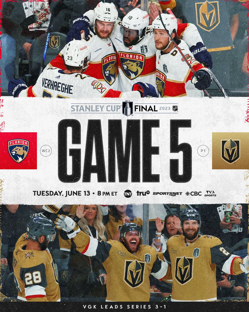 NHLPR's tweet photo. The @GoldenKnights look to clinch their first #StanleyCup while the @FlaPanthers aim to become the first team in 81 years to rally from a 3-1 series deficit in the Final.

#NHLStats: https://t.co/M1ZxOc4297 https://t.co/jShMrRhIDl