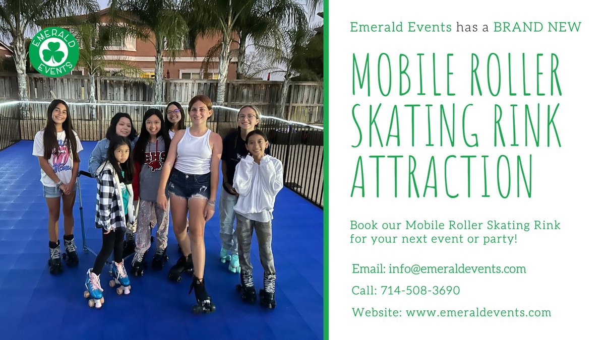 We have a BRAND NEW Mobile Roller Skating Rink attraction. We have various roller skating rink sizes and roller skates for all ages to enjoy! Book us for your next event or party! #rollerskating #eventplanning #partyplanner #partyideas #rollerskatingrink #emeraldevents #partyidea