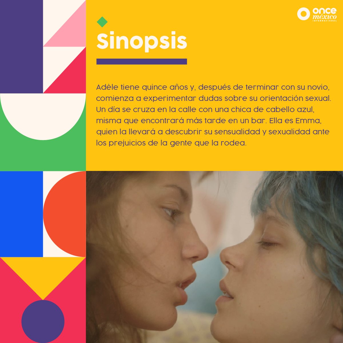 ElOnceMexico's tweet photo. Para Adèle, la ecuación de chica con chico le comienza a generar dudas, sobre todo, cuando conoce a Emma, una mujer que vive plenamente su libertad sexual. En #OnceMexico les recomendamos la controvertida cinta «La Vida de Adèle».
#AbrazaLaDiversidad #TejiendoMiBandera 🏳️🌈🏳️⚧️ https://t.co/XLi1IYckVv