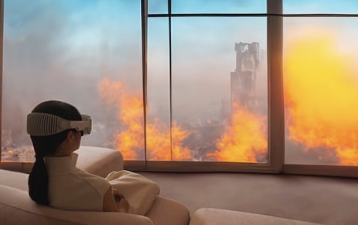 AshleyMooney's tweet photo. Some men just want watch the world burn… from their couch…with their VR headset on. #vr 📸 @chvrlesjr #AppleVisionPro https://t.co/UuDCW8fv6Z