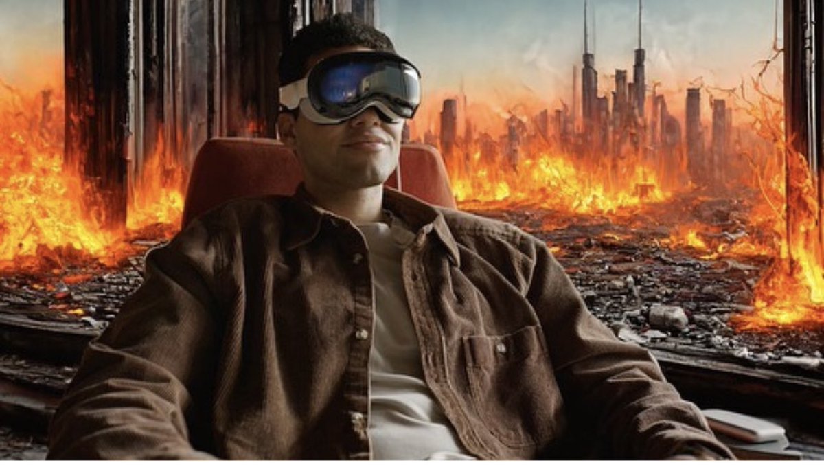 AshleyMooney's tweet photo. Some men just want watch the world burn… from their couch…with their VR headset on. #vr 📸 @chvrlesjr #AppleVisionPro https://t.co/UuDCW8fv6Z