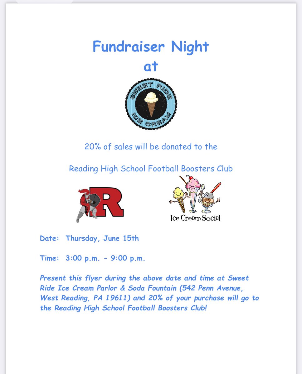 This Thursday if you are free… Stop by Sweet Ride Ice Cream 🍨🍦 with your family, friends, or co-workers to support Red Knight Football 🙏🏼 WE appreciate you and Love you‼️#CLIMB ❤️🖤🏰<a href="/GriddersRed/">Red Knight Gridders Club</a> <a href="/RDGschools/">Reading School District</a> <a href="/RHSquiresClub/">Reading High Squires Club</a>