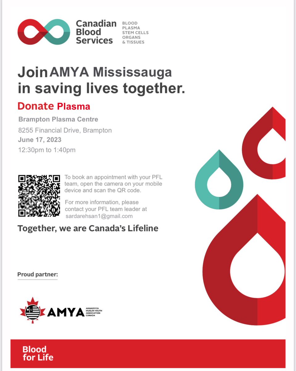In support of National Blood Donor Week & @AMYACanada's countrywide blood & plasma donation campaign, the Muslim Youth of the #Mississauga Region, Ahmadiyya Muslim Youth Association Canada, will be donating plasma on June 17, 2023, at the Brampton Plasma Center.

#CanadasLifeLine