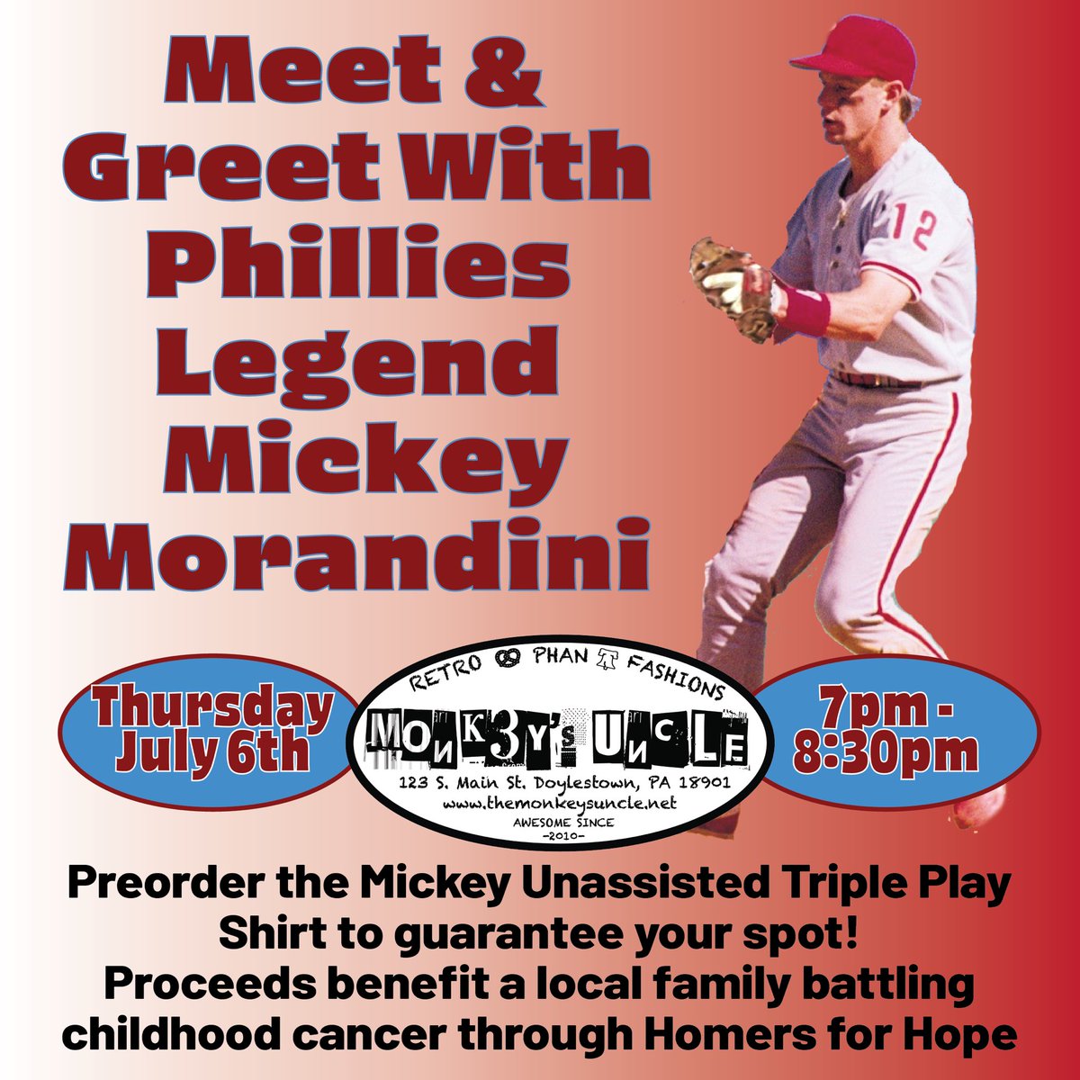 dtown_monkey's tweet photo. Guarantee your spot to meet Phillies legend Mickey Morandini! The first (75) people who preorder the exclusive Mickey Unassisted Triple Play tee shirt will be guaranteed a spot to meet Mickey! Proceeds will help a local family battling childhood cancer through @HomersForHope https://t.co/QGWNnVpfcn