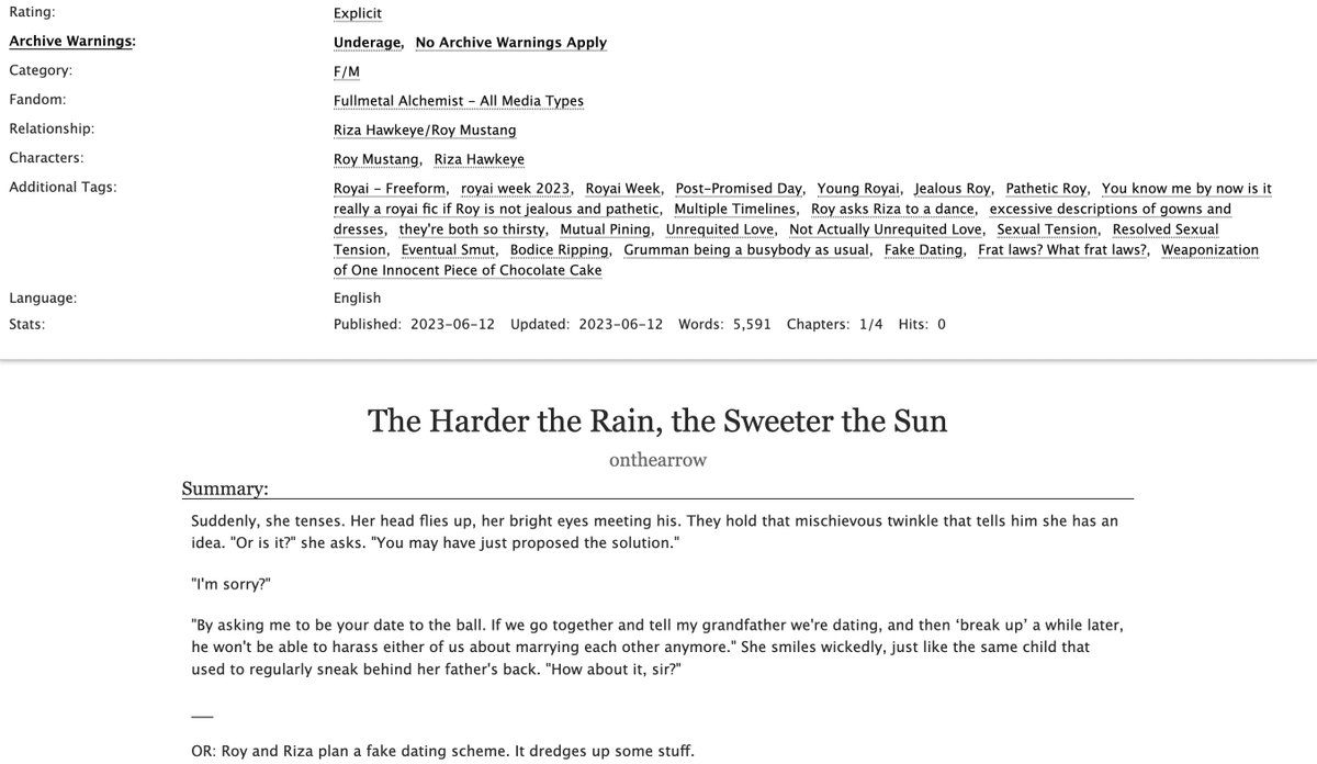 ✨NEW FIC ALERT!✨

The Harder the Rain, the Sweeter the Sun is UP! Happy <a href="/royaiweek/">royai week 2023</a> everyone! This fic will fulfill the "fake dating" and "recovery" prompts.

archiveofourown.org/works/47839417…