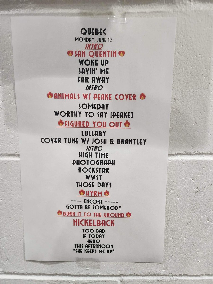 PPRUniverse's tweet photo. Setlist of the first concert in Quebec for the «Get rolling» tour of @Nickelback #getrolling #getrollingtour https://t.co/aIPuKUF3Po