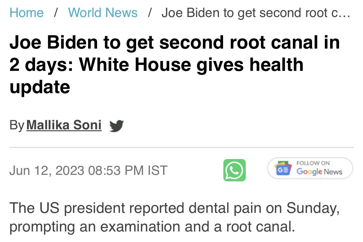 > emergency root canal?
> two-day root canal?
> two root canals?
> no anesthesia?
> at the White House?

Lol wut