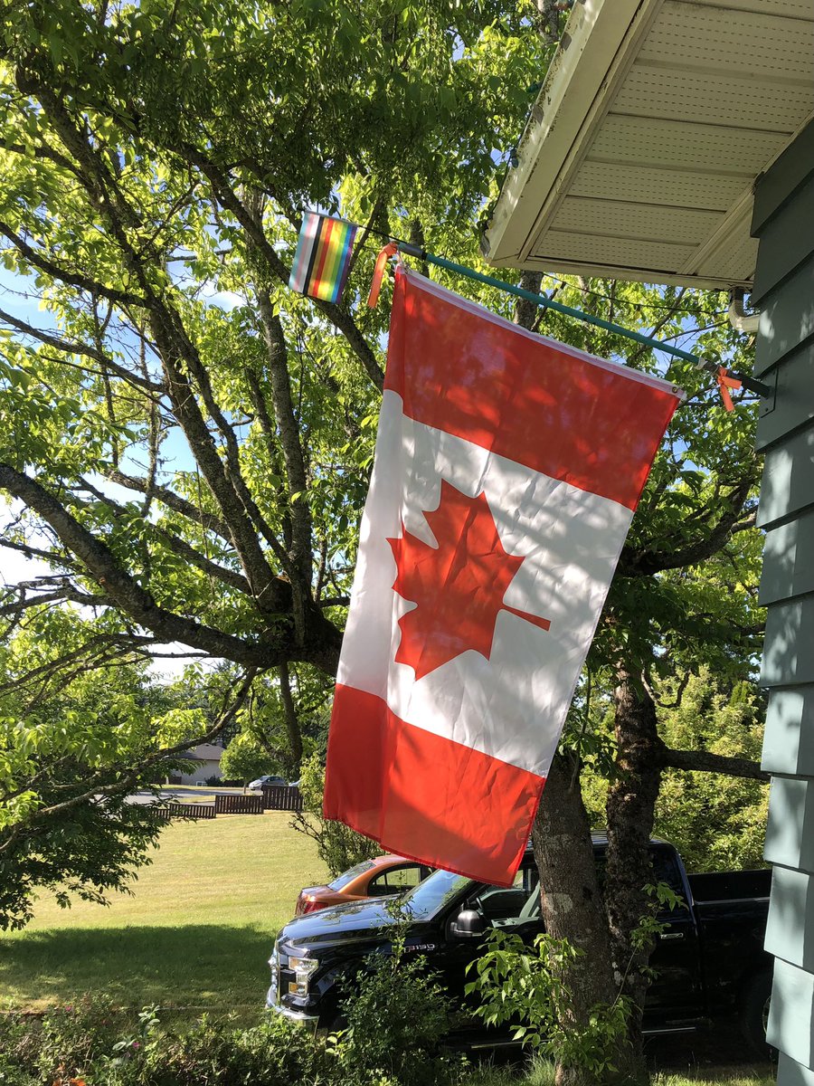 Got the #Canadian flag 🇨🇦 out, along with #PrideFlag and #EveryChildMatters ribbons. 
No chance anyone will think we are #rightwing #Conservative #HatefulPeople #FreedomConvoy #Rednecks in our house for proudly displaying my country’s flag and supporting real #freedom. 👍😎