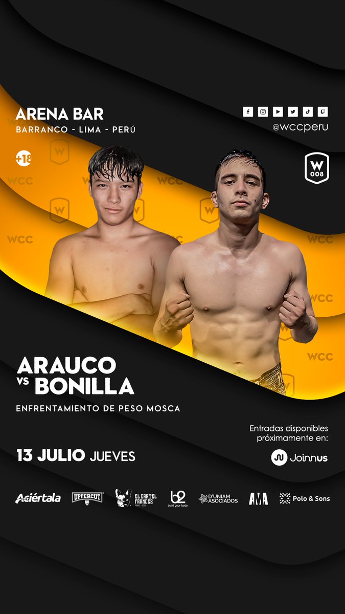 wccperu's tweet photo. PERÚ VS ECUADOR 🔥 🇵🇪Samurai Araucco vs Ángel Bonilla 🇪🇨13/07 en #WCCPeru8
¿Ya tienes tu favorito para este combate? 🥊
🎟 Próximamente entradas disponibles en @joinnus .

#WCC #WCCPeru8 #SamuraiArauco #AngelBonilla #MMA #mmaFighter #Striking #mmaDrills https://t.co/TEcNWmCkrm