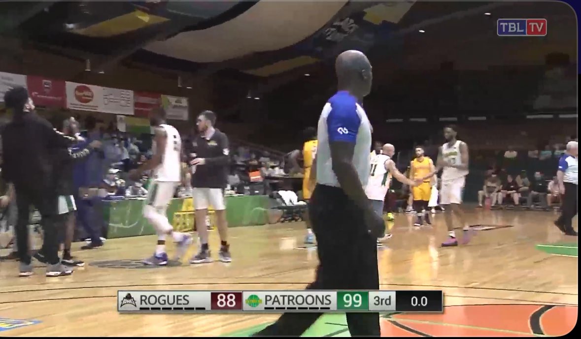 @PatroonsAlbany started to runaway with the game, but @nfldrogues have closed in on the Patroons. At the end of the 3rd, Albany 99 Rogues 88. Can the Rogues force a game 3? We will find out in 12mins. The @TBLproleague 2023 playoffs continue. #adifferentleague #broadstsouth