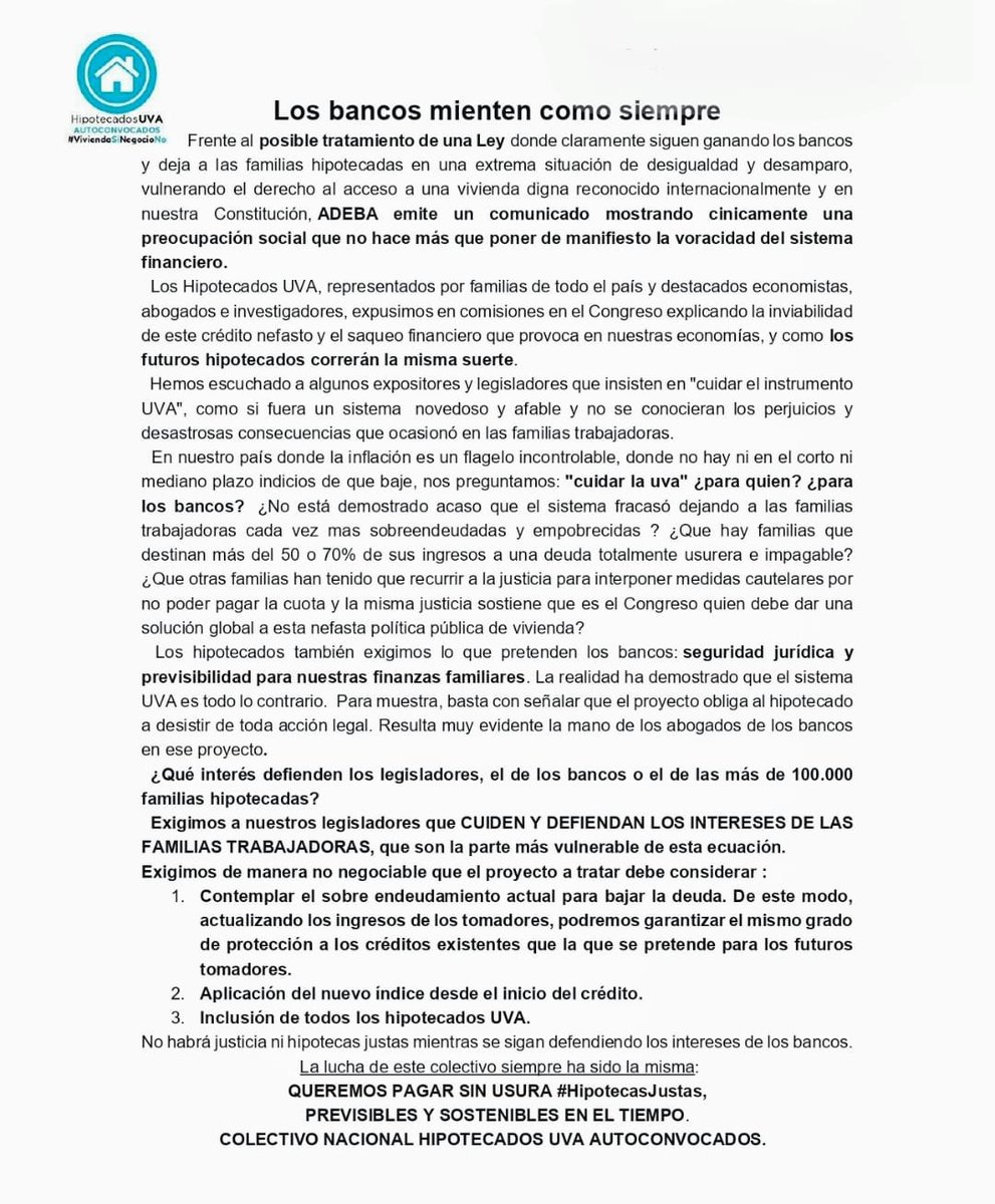 HipotecadosCba's tweet photo. @hipotecadosuva @ceciliamoreauok @JCuattromo @Juli_Strada @sbatakis @CFKArgentina @CarlosHeller @AliAparicioOK @SergioMassa @juliocobos @gerpmartinez @cristianritondo @marioraulnegri @DiputadosAR @SenadoArgentina Lo dicho y repetido tantas veces
Los bancos 👉🏼🤑 voraces
El estado 👉🏼😶 ausente
Las familias de #HipotecadosUVA 👉🏼 presas de la #UsuraUVA q fracasó y sobran datos q lo demuestran. El posible dictamen @ceciliamoreauok @AliAparicioOK @sbatakis una burla
Queremos PODER PAGAR https://t.co/GyzmMothKV