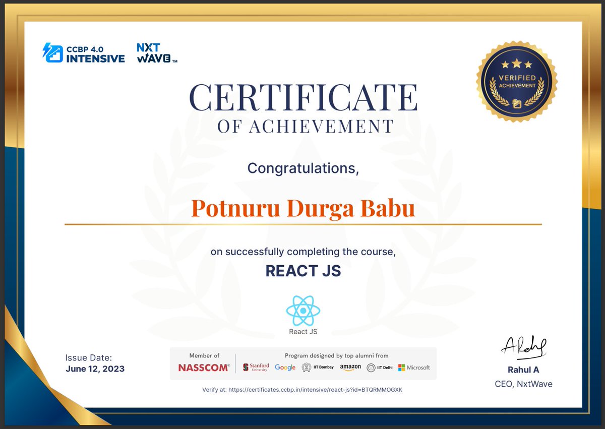 I've completed React JS course in the Intensive Program. I've learnt core concepts and Built in-demand skills. Check out my certificate: certificates.ccbp.in/intensive/reac…