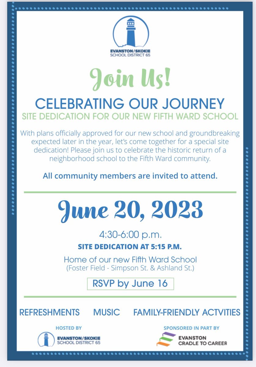 Save the date! Please join us Tuesday, June 20th at 4:30pm to celebrate the new 5th Ward school! #backtothe5th #ec2c #evanston