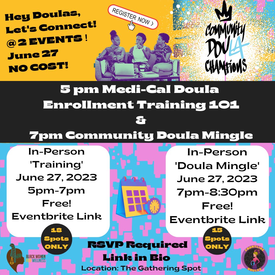 FrontlineDoulas's tweet photo. #HeyDoulas let’s connect! Join us for TWO FREE events on 6/27! Registration required. First come first served. #BIPOCDoulas serving South LA prioritized🏆 https://t.co/oX8TEJ25T4 https://t.co/aoluqBTFv3