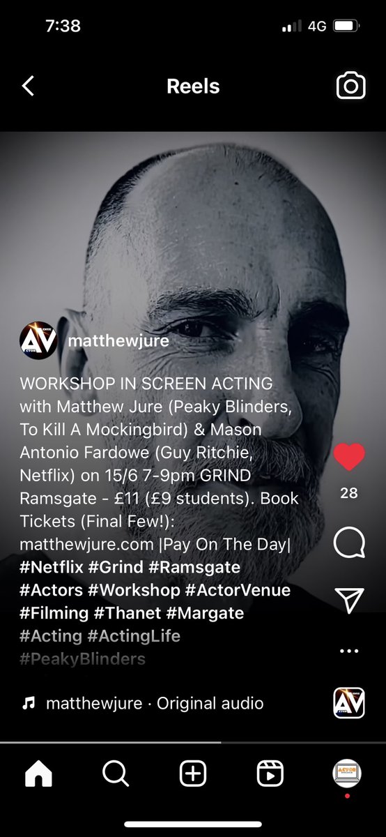 DONT MISS OUT!!!!
What is it❓Workshop in Screen acting
When 📆 Thursday 15th June
Where 📍 Grind Coffee shop in Ramsgate
Who 🤷‍♀️ Matthew Jure (peaky blinders) & Mason Antonio  Fardowe (Guy Ritchie, Netflix)
How much 💰£11 (9 students) Contact 
@MatthewJure to book your ticket