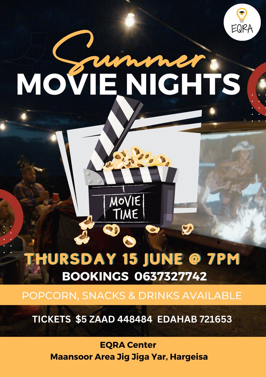 eqracentre's tweet photo. Join us for a cozy movie night at EQRA Centre! Bring your blankets and get comfy for a night of fun with friends and family. Entry $5 and open to all. Don't miss out on this exciting event!
#MovieNight #EQRA #WeekendPlans #Somaliland #Hargeisa #Movie #Book https://t.co/PoSe24NgMb
