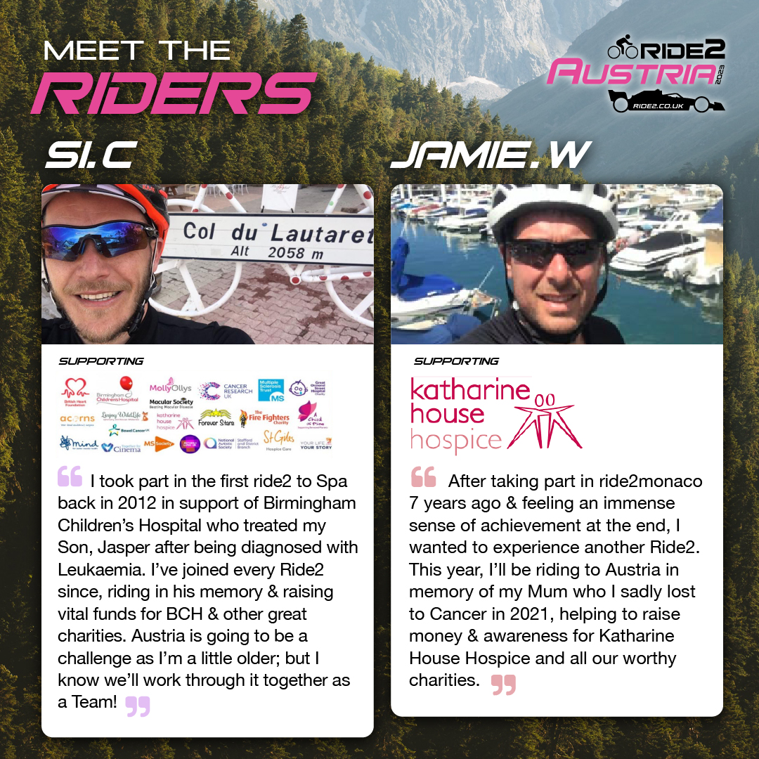 Meet the #Riders taking on #ride2austria!

• Si C Supporting all the Charities

• Jamie W Supporting Katharine House Hospice

Donate to Si &amp; Jamie at ride2.co.uk/donate 😊

🚴🏼‍♀️🏎🇬🇧🇦🇹

#cycling #cycle #bike #stravacycling #charity #charities #charityevent #charitychallenge