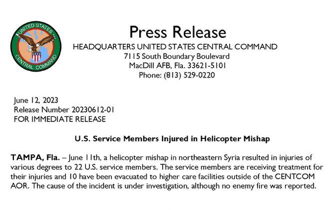 RT @Sprinter99880: On June 11, 22 US troops were injured in a helicopter crash in northeast Syria.-CENTCOM https://t.co/tZDrYQ02oj