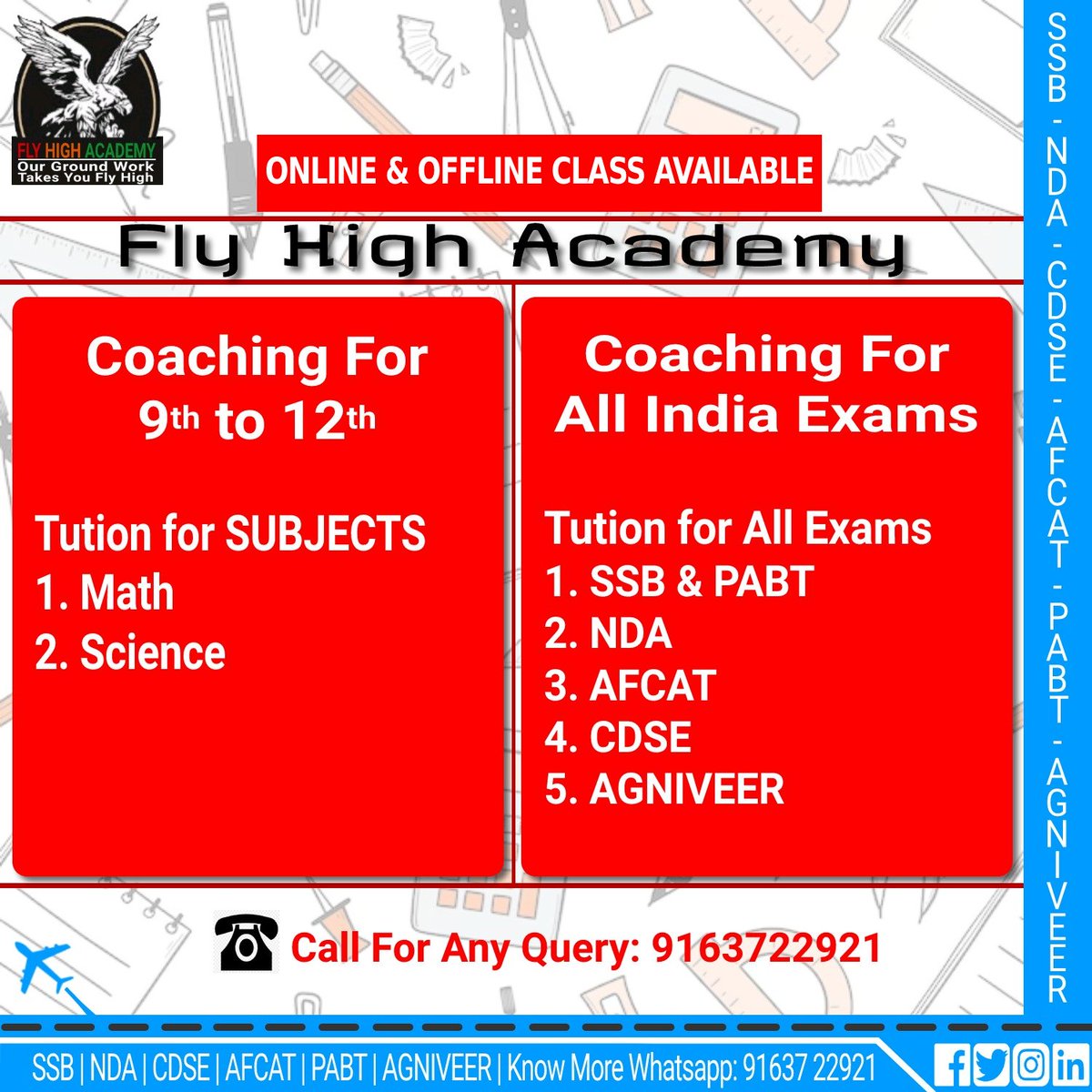 Fly High Academy
1. All Indian Exam
SSB | NDA | AFCAT | CDSE | PABT | AGNIVEER
2. 9th to 12th
Math | Science
Contact for Admission: 091637 22921
#highereducation #careercoaching #coachingcentre #iascoaching #ipscoaching #upsccoaching #upscmotivation