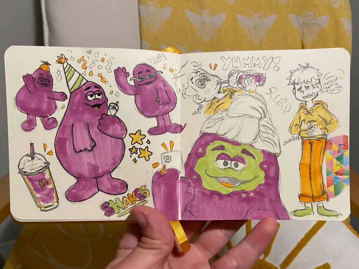maxsbow's tweet image. I christened my new sketchbook with drawings of the lord and savior himself, Grimace. Happy birthday king and thanks for the purple milk shake even tho I drank too much from the holy grail that is the McDonald’s large.