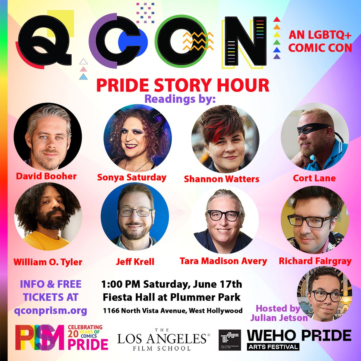 prismcomics's tweet photo. This year @QConPrism has #Pride Story Hour, hosted by @Julian_Jetson! Readings from your fave #LGBTQcomics creators at 1:00 PM Saturday June 17 #PlummerPark in @WestHollywood! @Wehoarts @wehopride @davidbooher @shanito @tanniscomix @jeffkrelljayson @taramavery @richardfairgray https://t.co/uTGp30jKsi