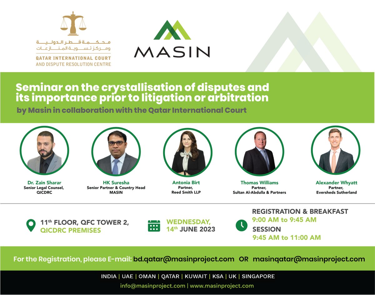 SAPQatarLaw's tweet photo. Sultan Al-Abdulla & Partners is pleased to invite you to join partner Thomas Williams who will be speaking at the upcoming seminar "The Crystallisation of Disputes And Its Importance Prior To Litigation Or Arbitration".
#SAPLaw https://t.co/PB4cdigLay