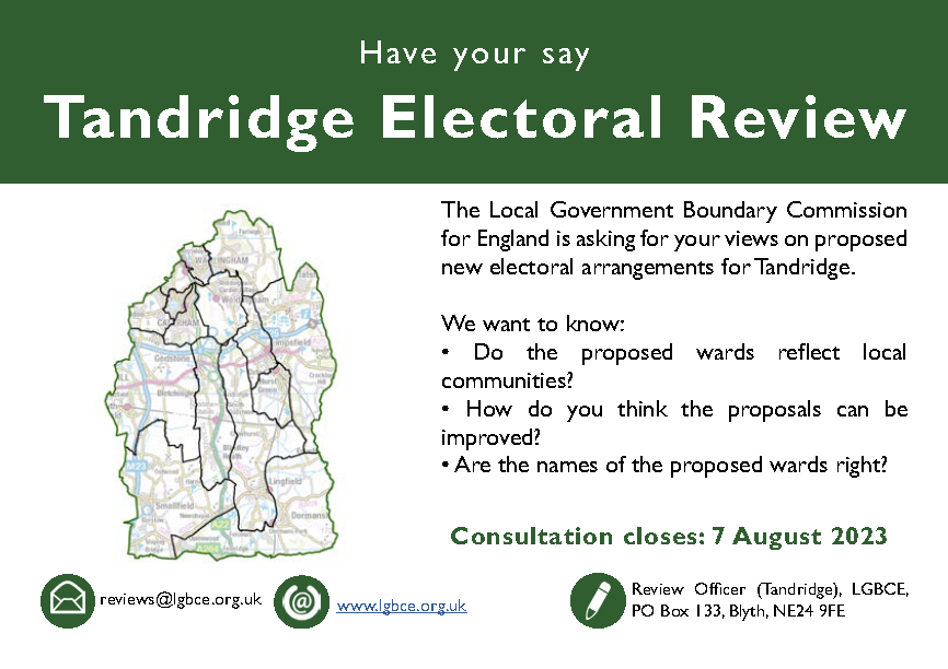 LimpsfieldPC's tweet photo. Residents and local organisations are invited to share their thoughts on proposed new ward boundaries, as part of a review of electoral arrangements in the Tandridge district. 
You can view the proposals including an interactive map at https://t.co/LJPpc5zyTF.
 
Deadline 7/8/23 https://t.co/d0bQmNZjwb