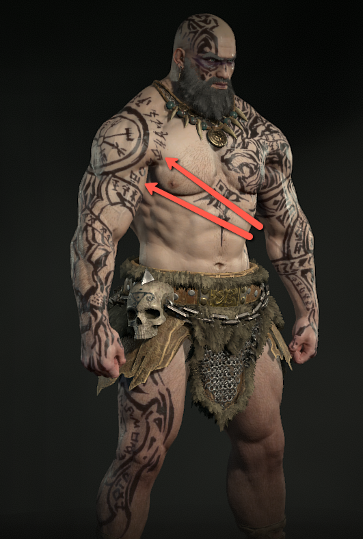 OceanKeltoi's tweet photo. Hey uh, @Diablo @Blizzard_Ent, might want to check up on some of your tattoos. Someone didn't do their research. Next to the Vegvisir reference here are a couple winged Othala runes, the winged variation is a modern creation with a racist origin. Might want to remove it. https://t.co/vkPfE9uKZN