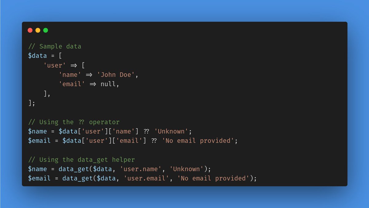 GasnerElad's tweet photo. #Laravel Tip: 💡 Cool vs. Useful! 😎 While the ?? operator is cool, the data_get helper in @laravelphp  is more useful. 🚀 Simplify null value handling and access complex data structures effortlessly. Boost code efficiency with data_get! https://t.co/zS2b0Tc0X5
