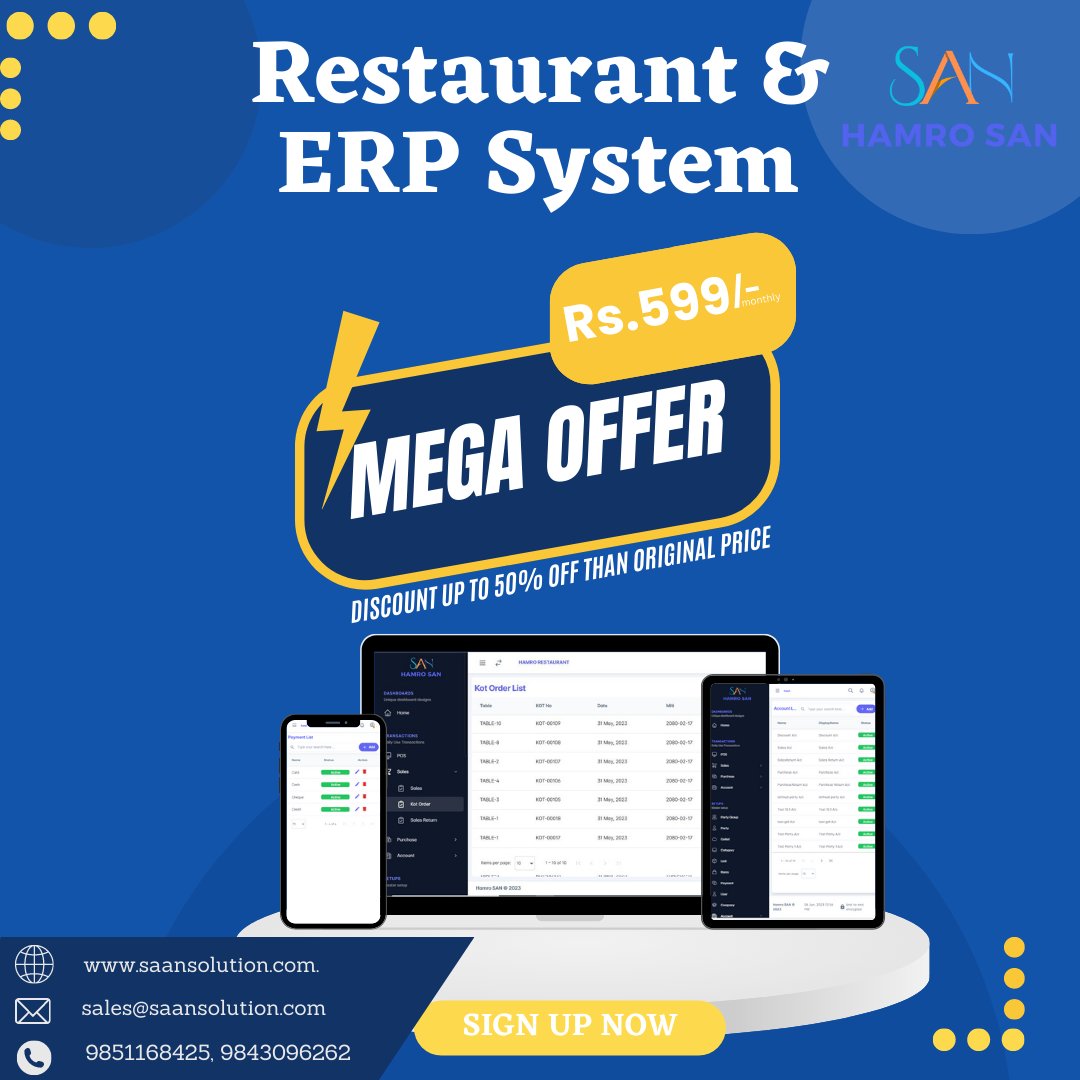 Hamro_SAN's tweet photo. Don't Miss this golden opportunity. MEGA OFFER Rs.599/Monthly on Restaurant and ERP System Signup for a free trial for 7 days

https://t.co/Lu4b7LKcYd https://t.co/dTdog2hSxX
