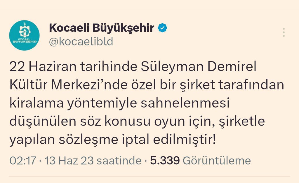 #SONDAKİKA 

Kocaeli Belediyesi AK Partililere hakaret eden Yunus Günce'nin gösterisini iptal etmiştir. 👏