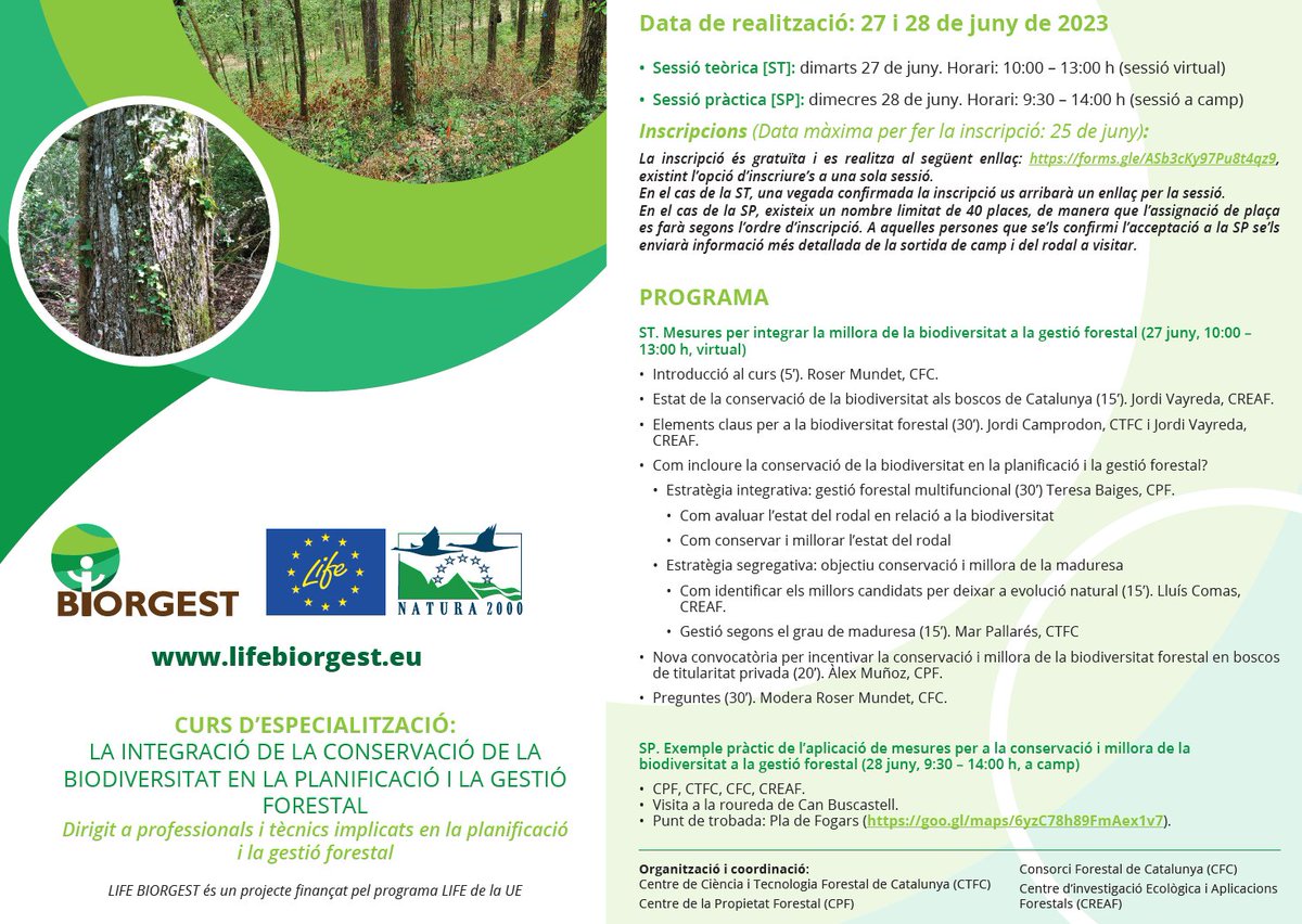 LifeBiorgest's tweet photo. ➡️Curso de especialización, teórico y práctico, sobre la integración de la conservación de la biodiversidad en la planificación y gestión forestal.
🗓️27-28 junio
📜Programa👉https://t.co/wyFWNF7VeJ
✏️ Inscripción gratuita 👉https://t.co/CADJtgduJg
@ctforestal @cfcatalunya @creaf https://t.co/6yWWSxczeh