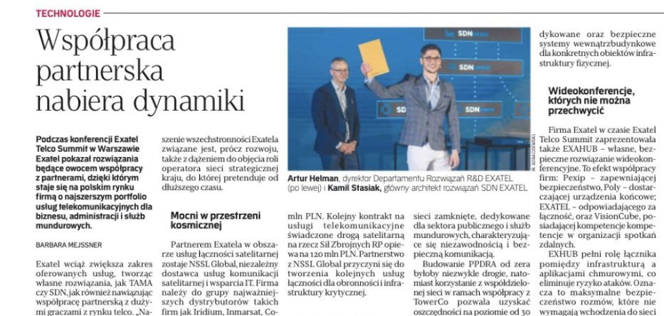 SzymonRuman's tweet photo. Dziś polecam szczególnie @rzeczpospolita👇🏻
Opowiadamy o skoku technologicznym @exatel_pl #SDN oraz o tym jak razem z grupą @Play_Polska będziemy walczyć o 1 miejsce w 🇵🇱 jako dostawca usług dla #B2B i administracji publicznej
#partnership #TechSystem #network #security #DataCenter #cloud #mobile #5G
@NikodemBT @Harion @RafalMagrys @Jaroslaw_Helman